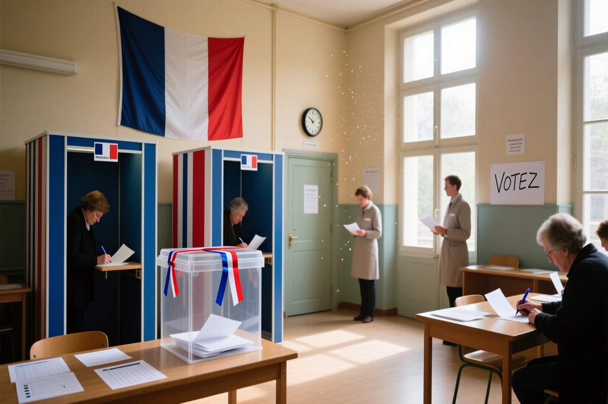 Salle de vote française avec urnes et isoloirs
